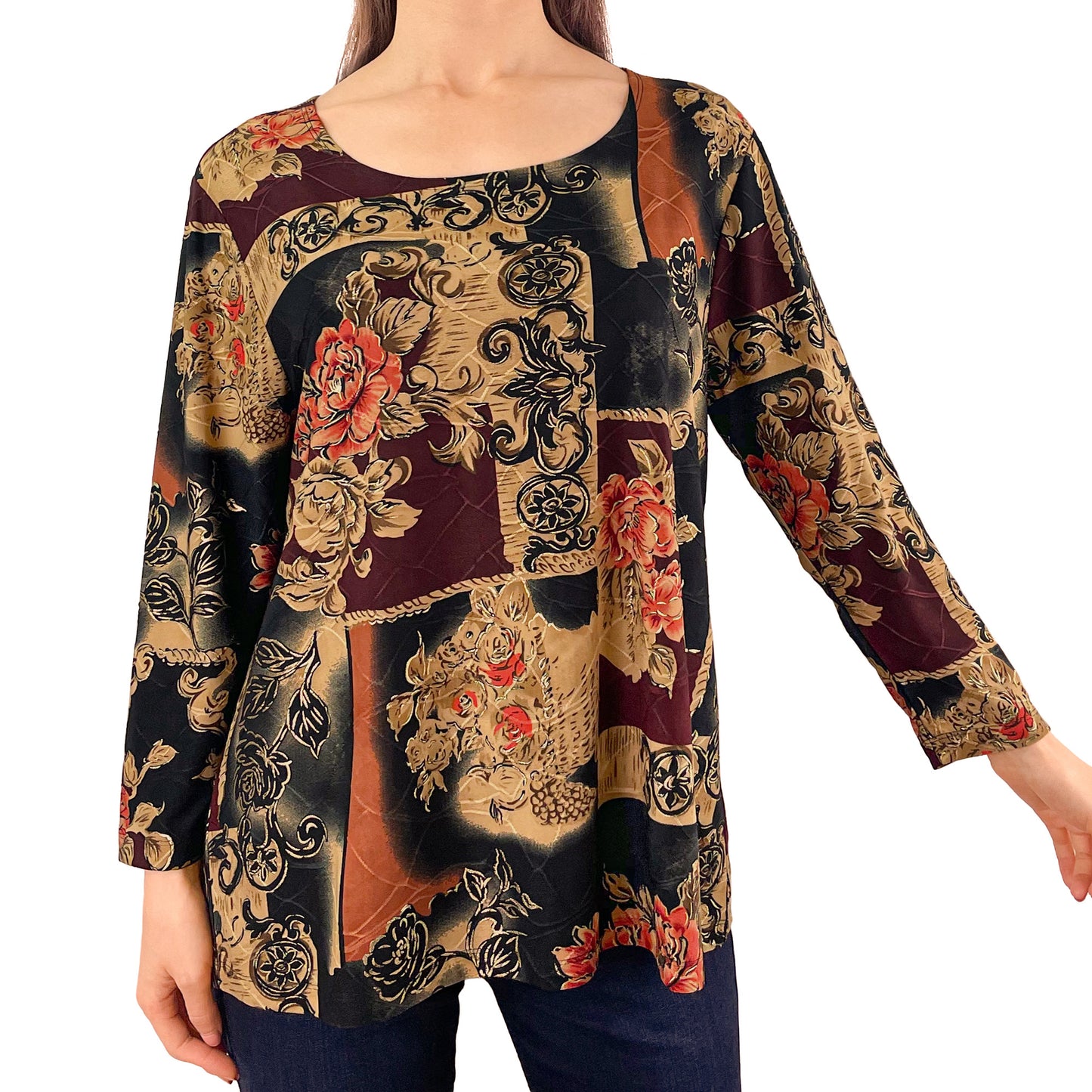 Brown Earth Tone Rose/Gold Foil Stretch Textured Jacquard Tunic Shirt Knit Top