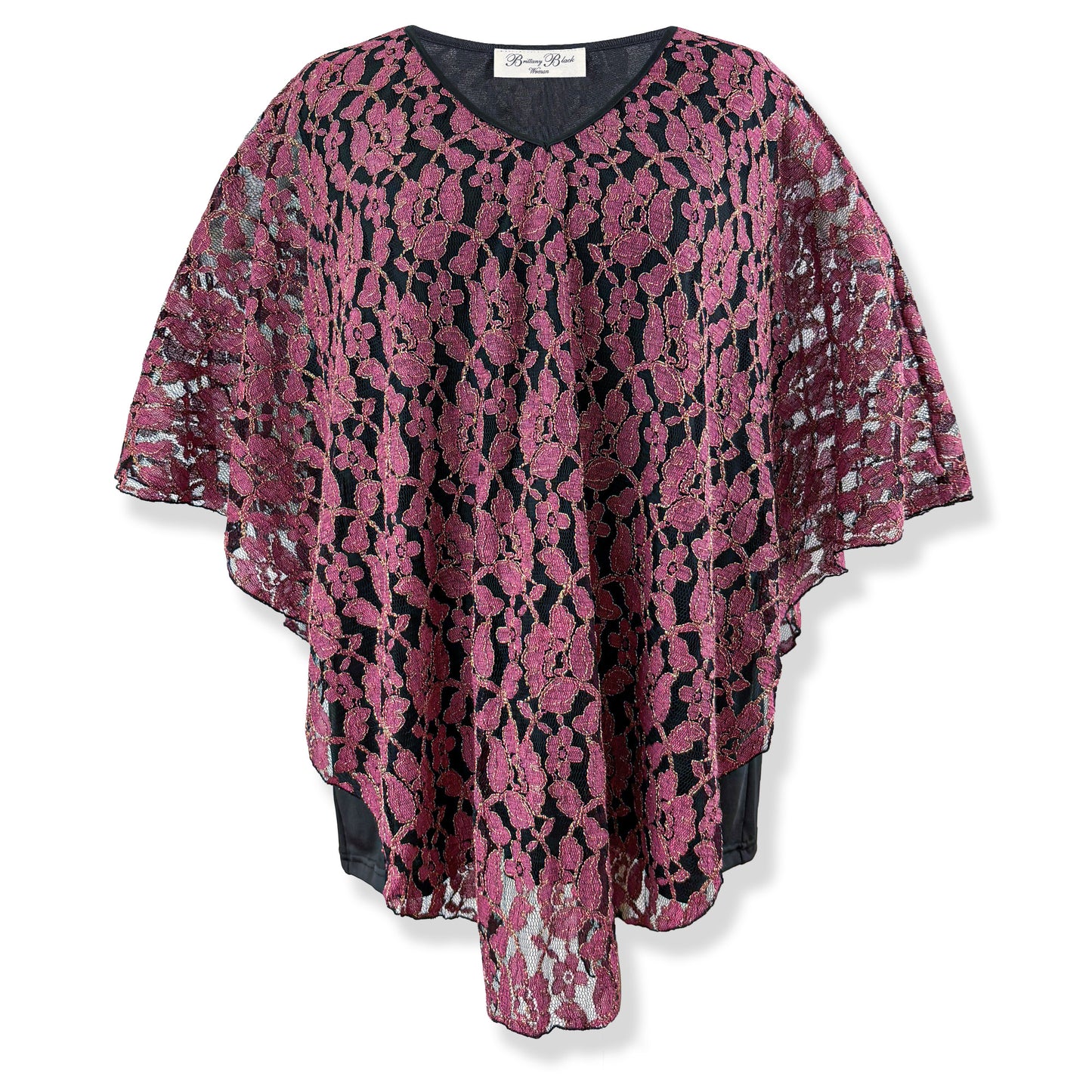Dusty Rose/Gold Embroidery Floral Lace V-Neck 3/4 Sleeve Poncho