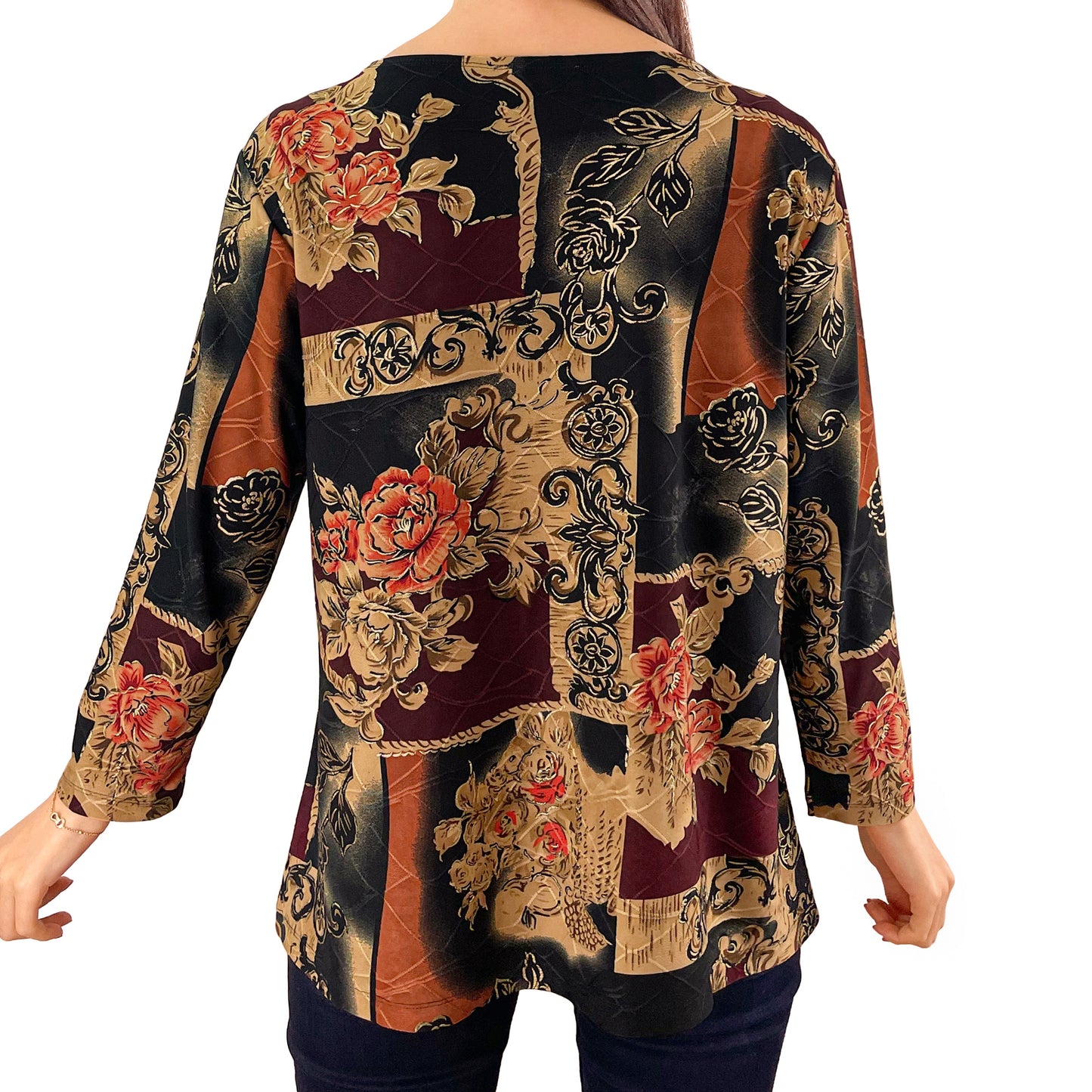 Brown Earth Tone Rose/Gold Foil Stretch Textured Jacquard Tunic Shirt Knit Top