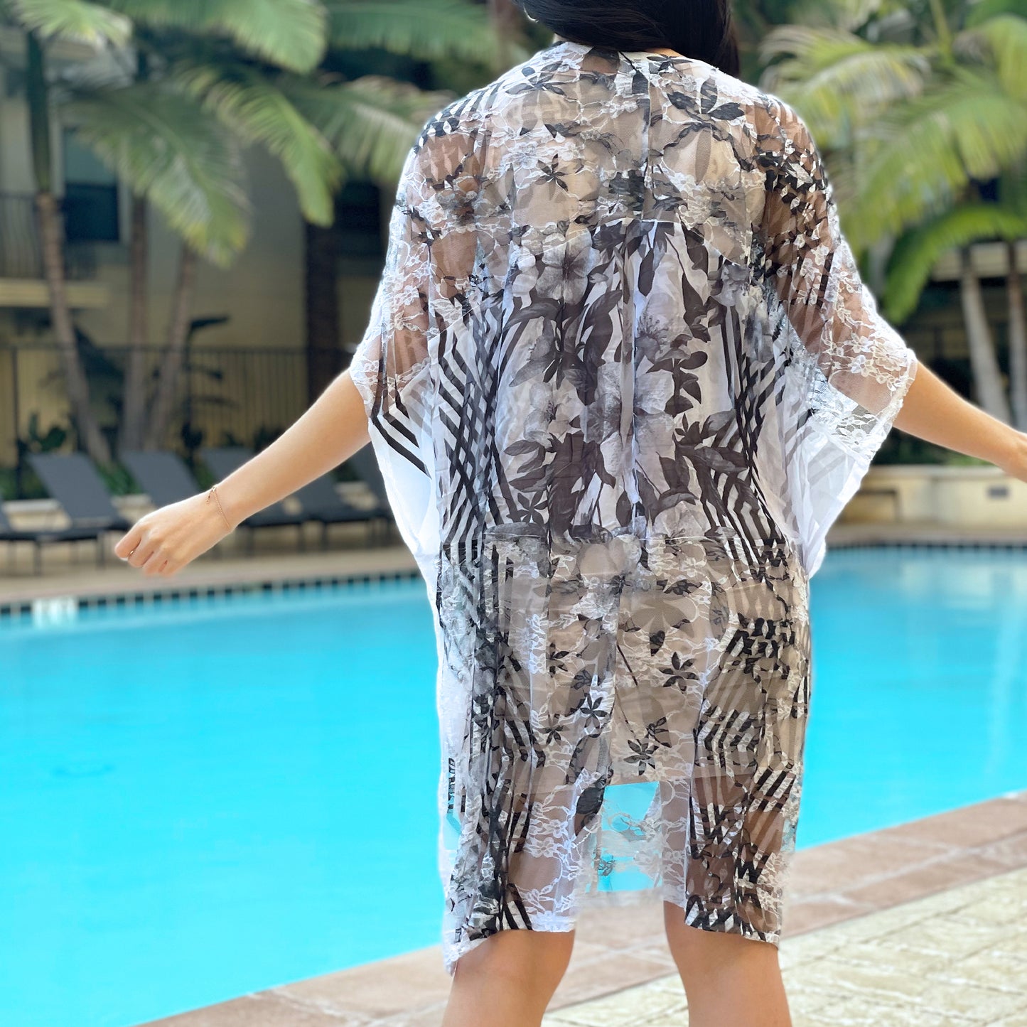 Printed Dark Charcoal Floral Relaxed Fit Kimono Loose Cover Up