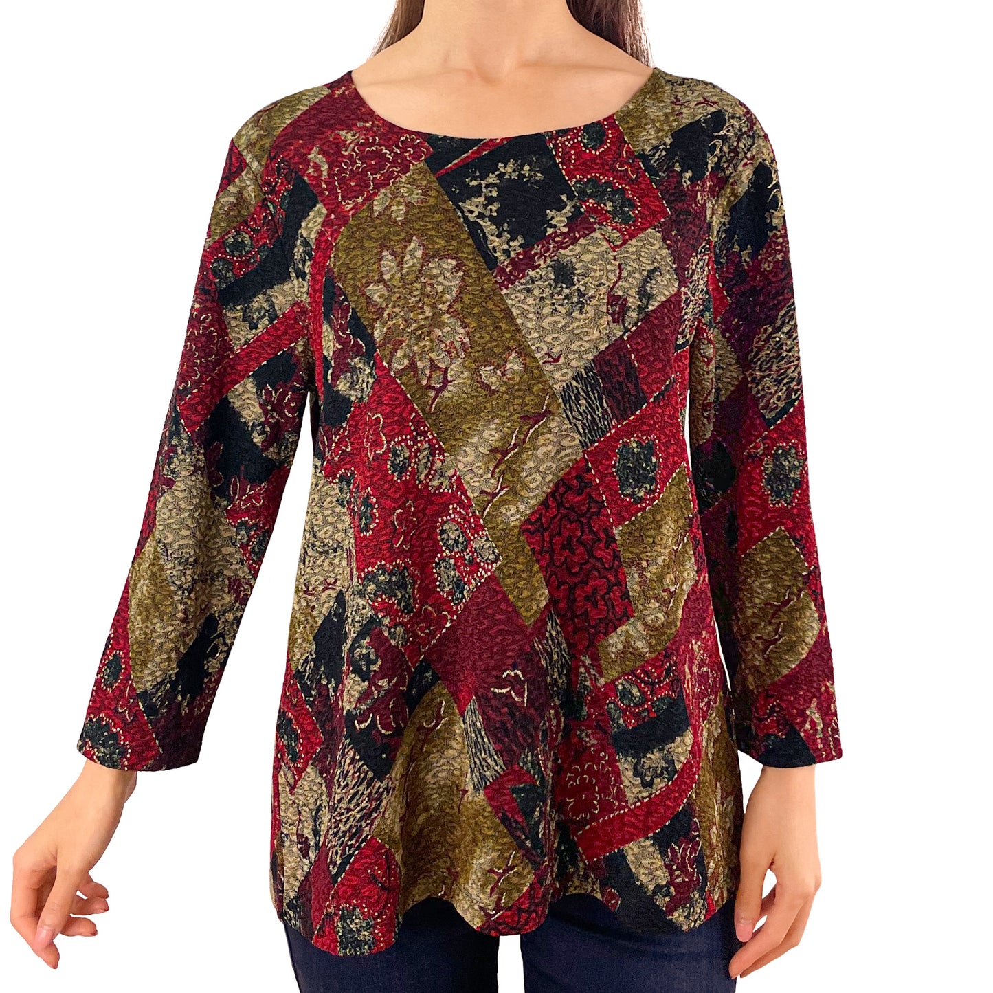 Colorblock Floral/Gold Foil Stretch Textured Fukuro Tunic Shirt Knit Top