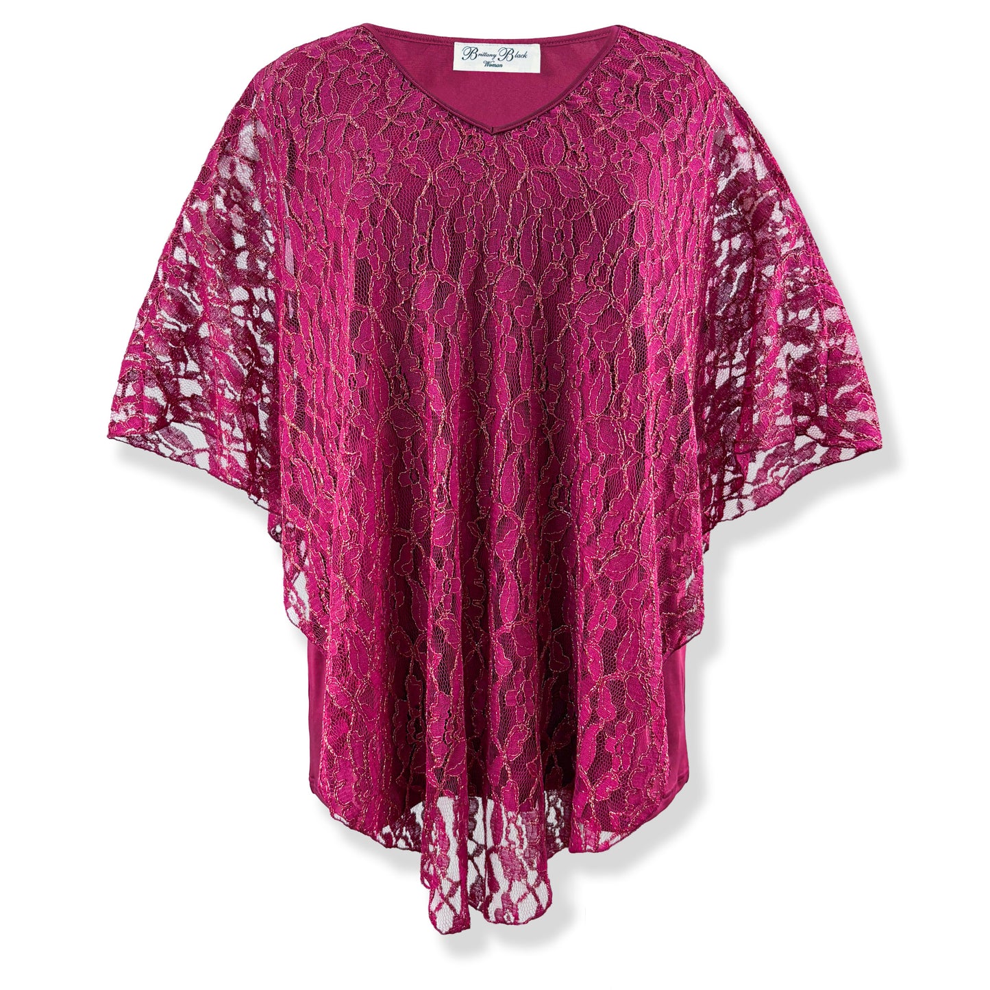 Berry Pink/Gold Embroidery Floral Lace V-Neck 3/4 Sleeve Poncho