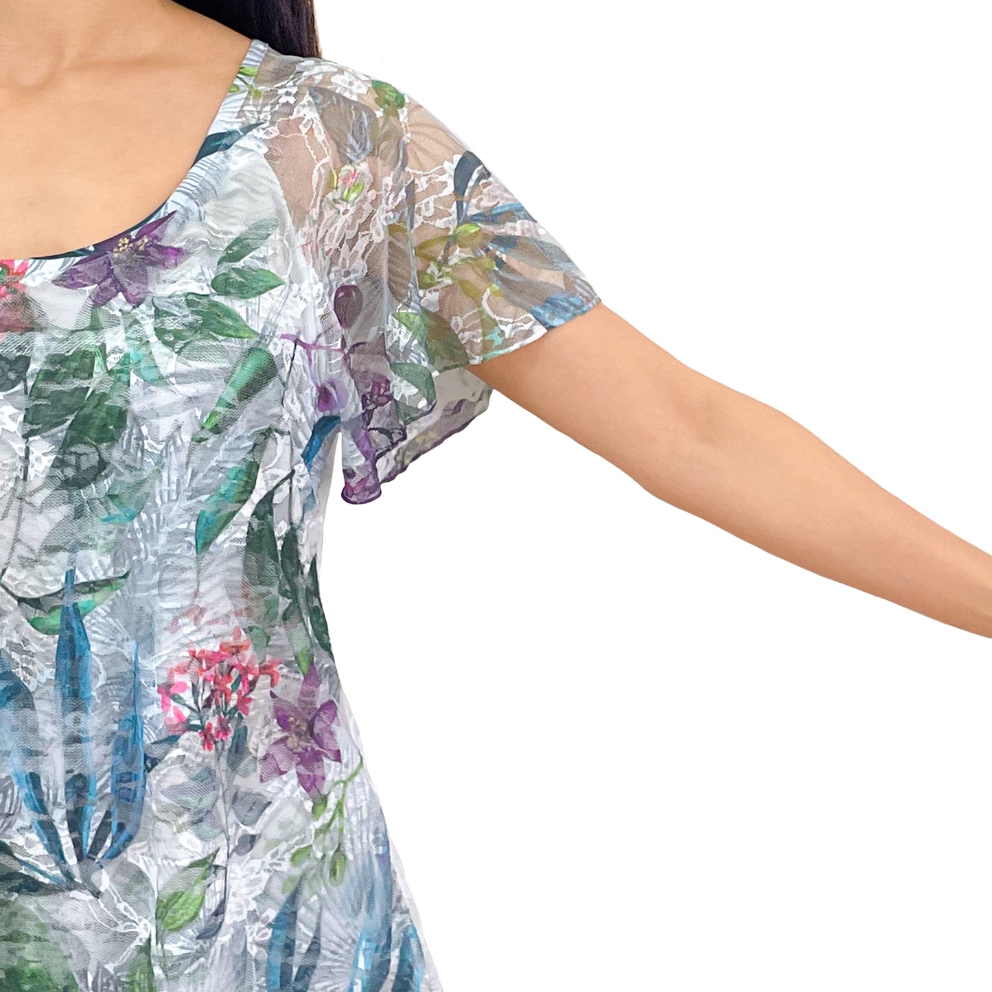 Multi Floral With Gray Shades Print Lace Tunic Top