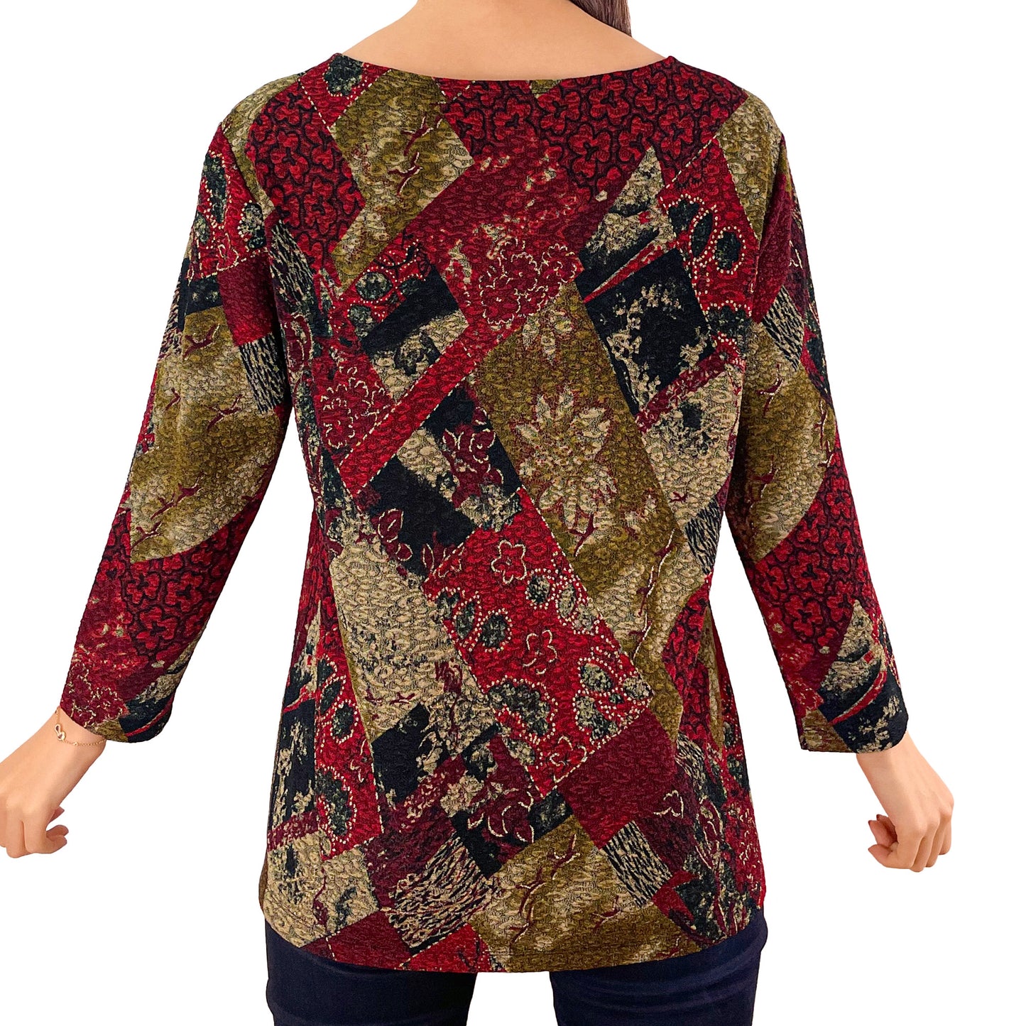 Colorblock Floral/Gold Foil Stretch Textured Fukuro Tunic Shirt Knit Top