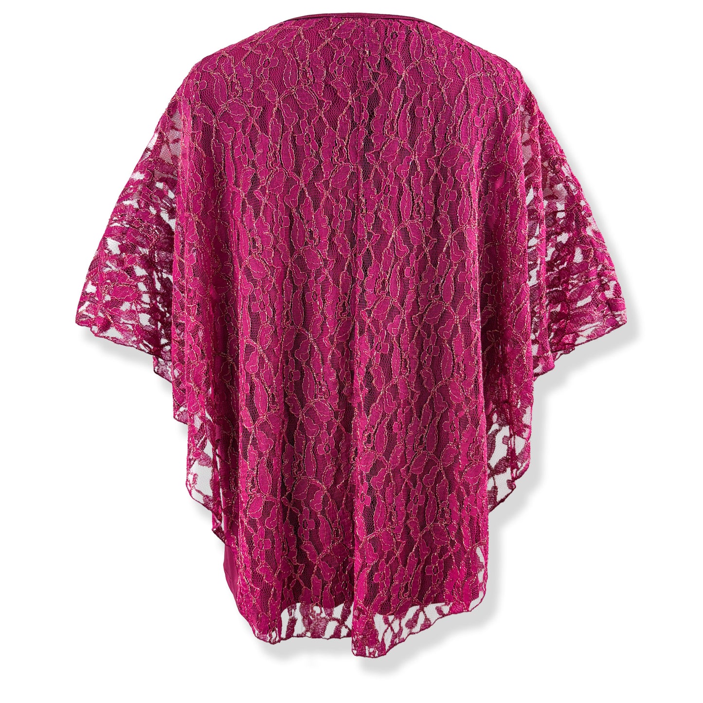 Berry Pink/Gold Embroidery Floral Lace V-Neck 3/4 Sleeve Poncho