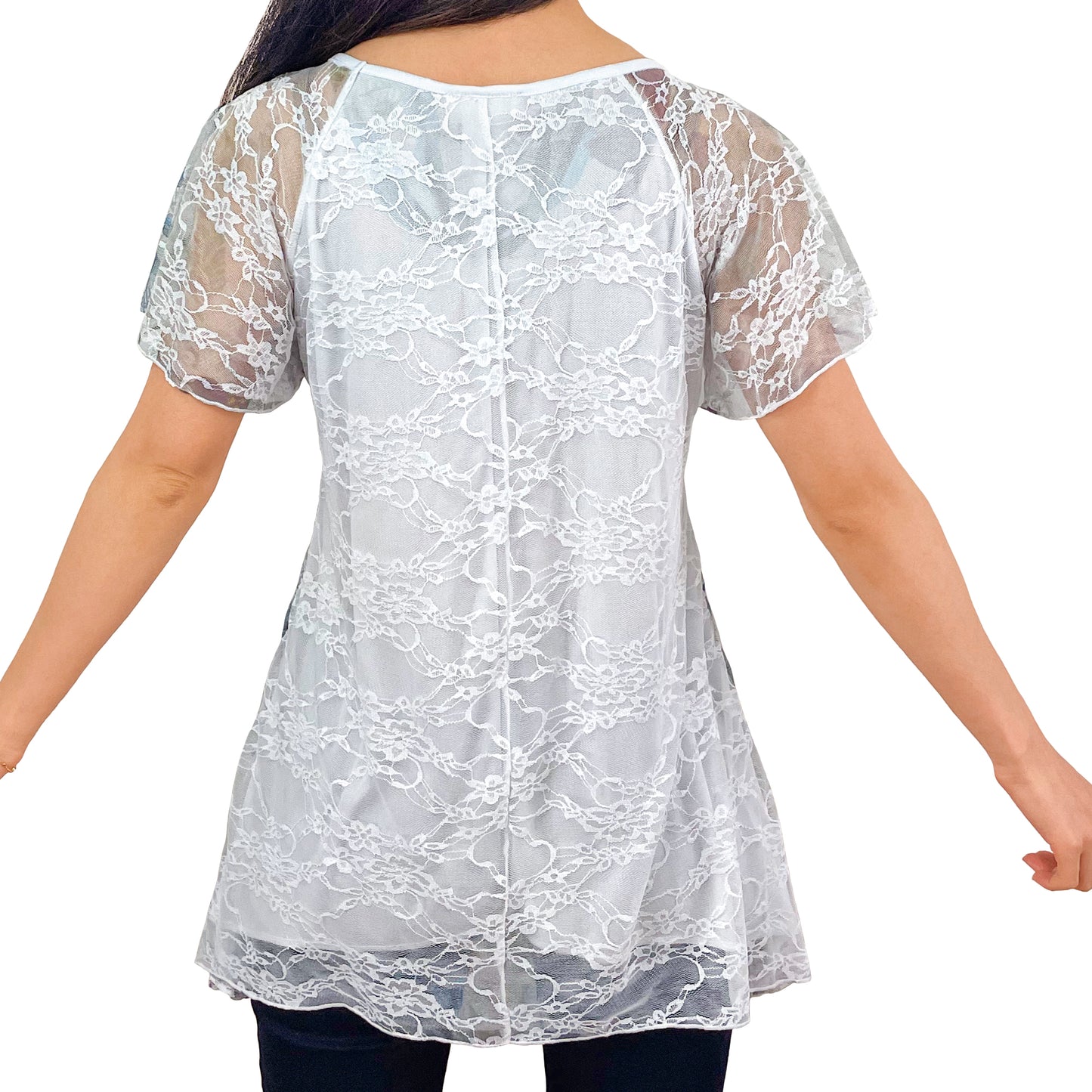 Multi Floral With Gray Shades Print Lace Tunic Top