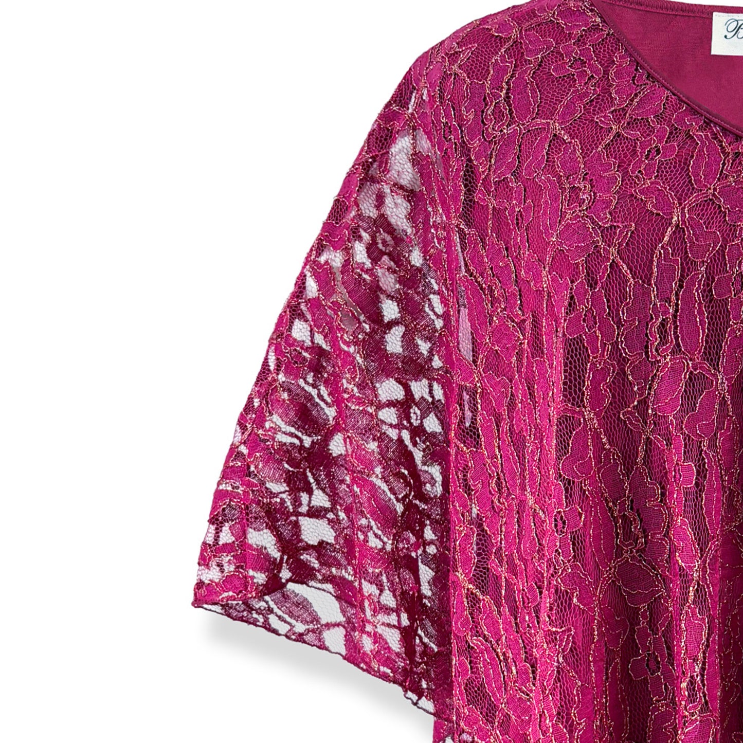 Berry Pink/Gold Embroidery Floral Lace V-Neck 3/4 Sleeve Poncho