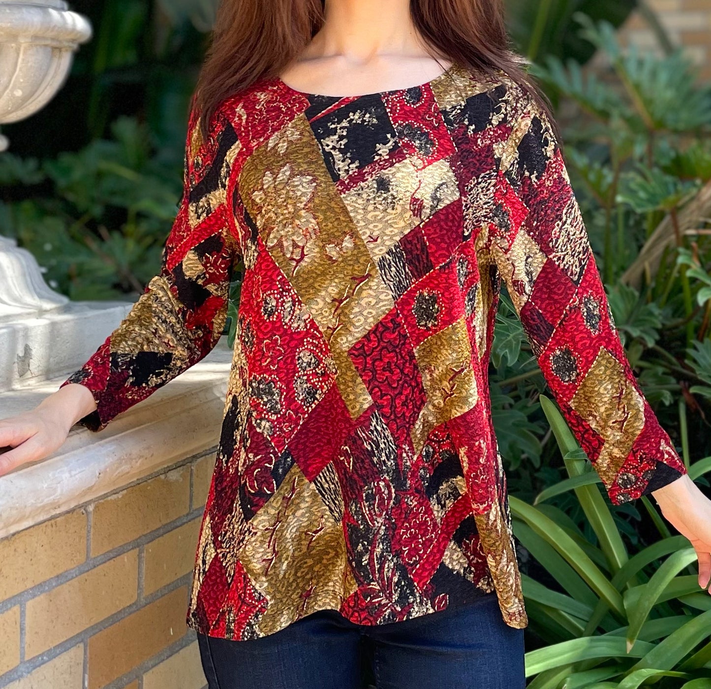 Colorblock Floral/Gold Foil Stretch Textured Fukuro Tunic Shirt Knit Top