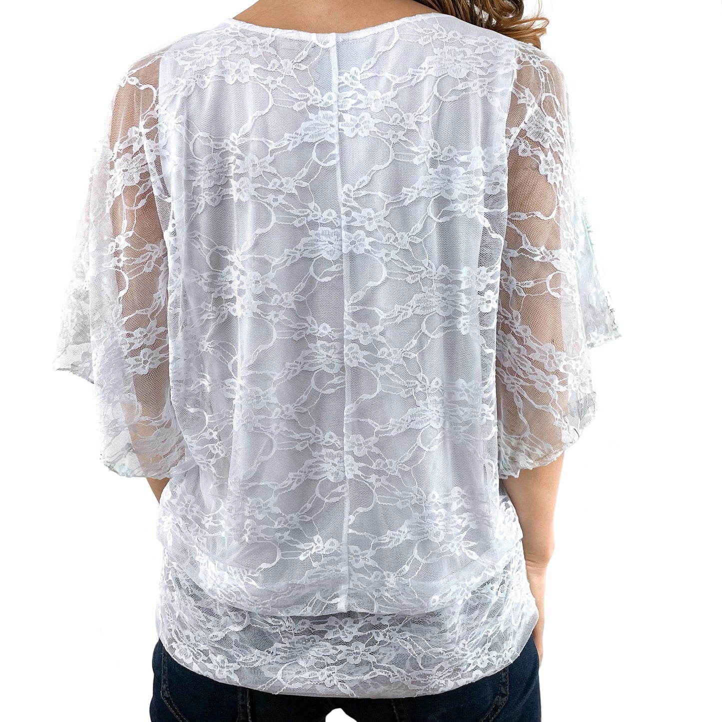 Pastel Blue Pink Printed Floral 3/4 Sleeve Banded Bottom Lace Top