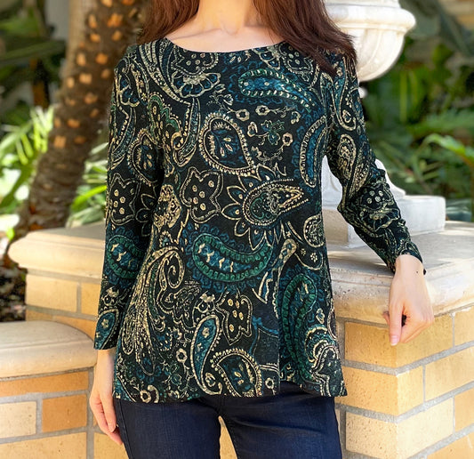 Teal Black Paisley/Gold Foil Stretch Textured Fukuro Tunic Shirt Knit Top