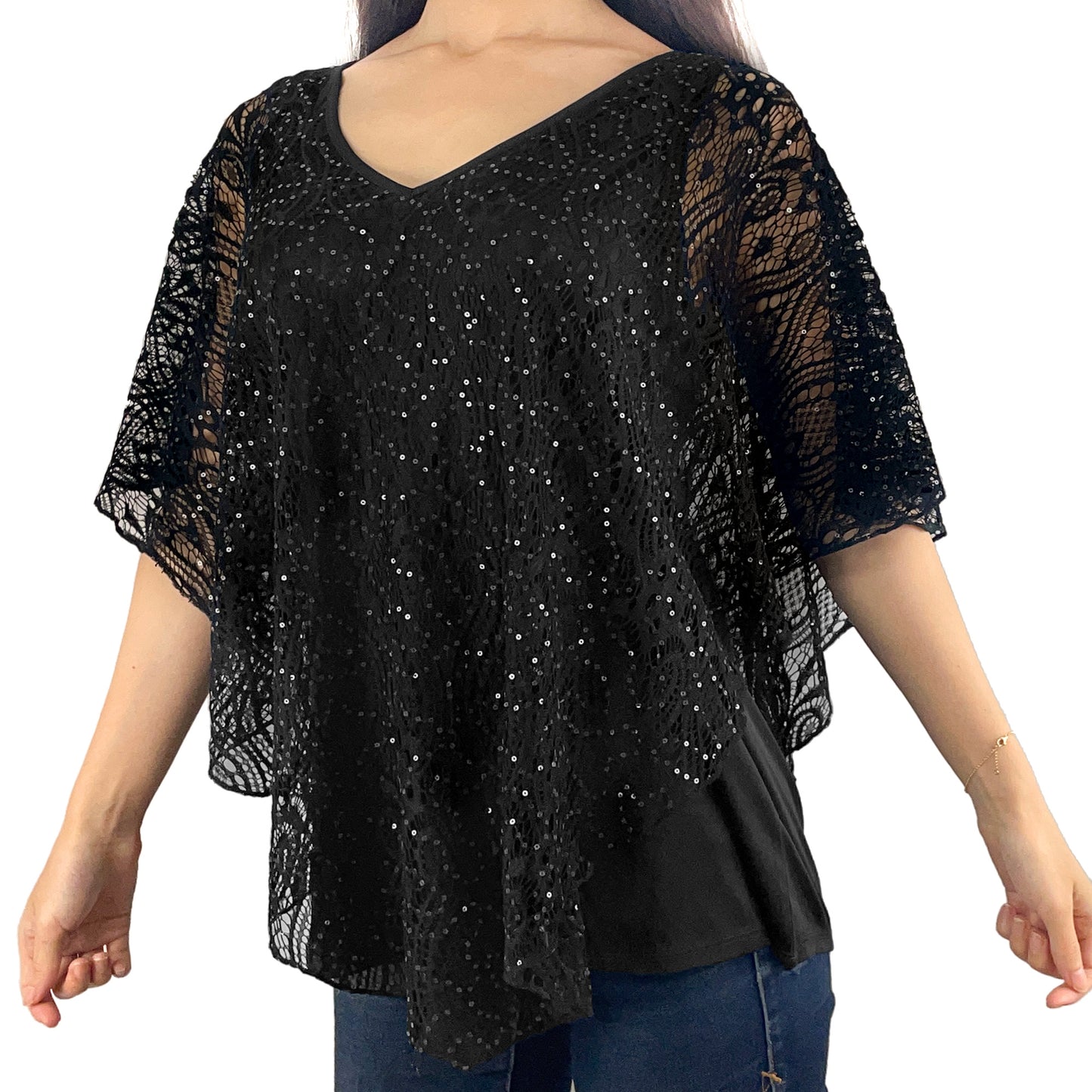 Black Glitter Floral Lace V-Neck 3/4 Sleeve Poncho