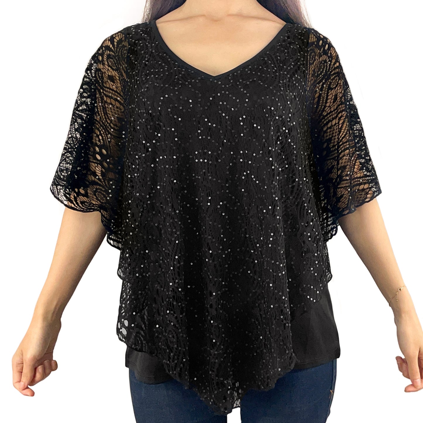 Black Glitter Floral Lace V-Neck 3/4 Sleeve Poncho