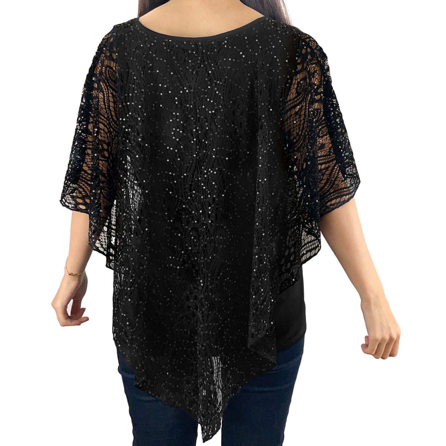 Black Glitter Floral Lace V-Neck 3/4 Sleeve Poncho