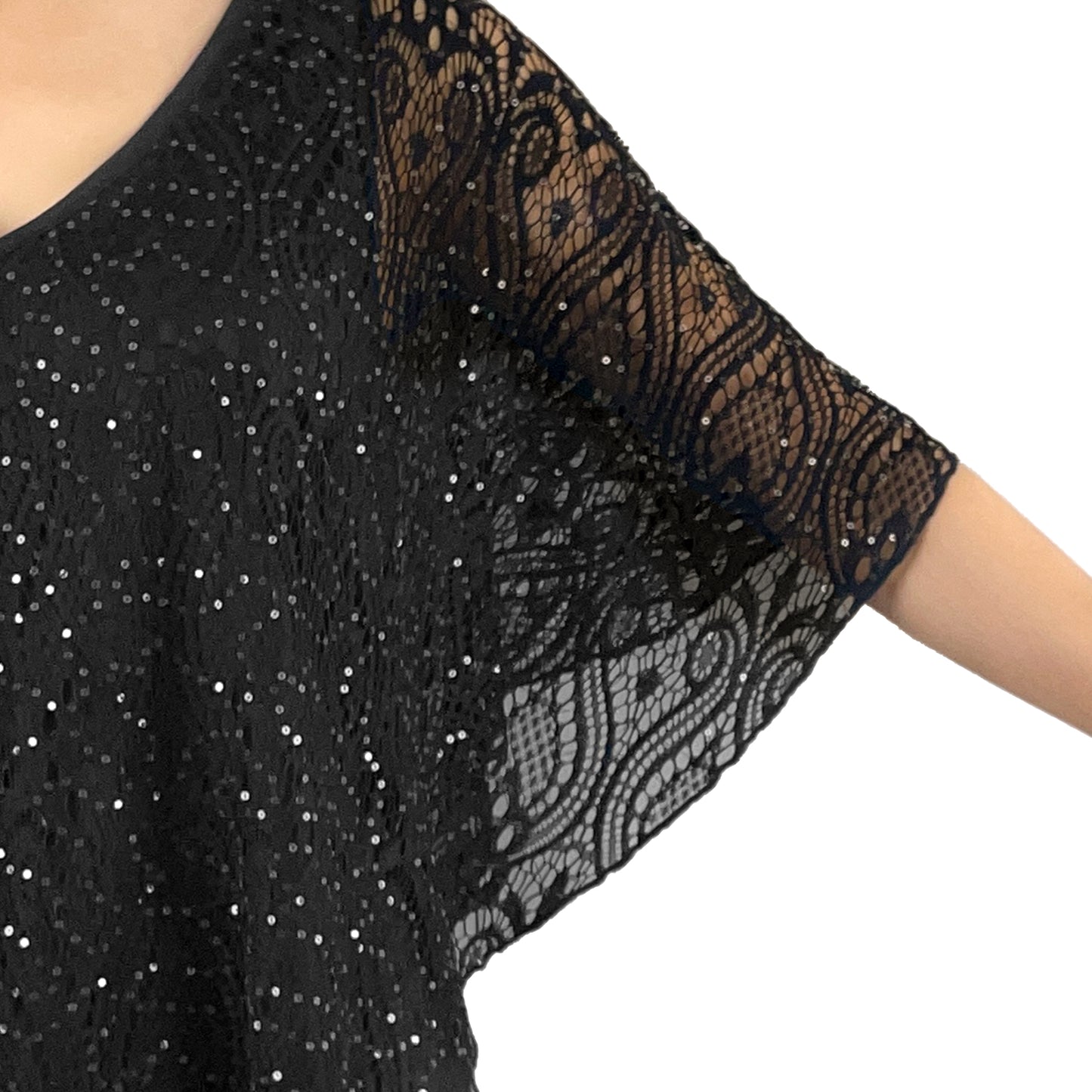 Black Glitter Floral Lace V-Neck 3/4 Sleeve Poncho