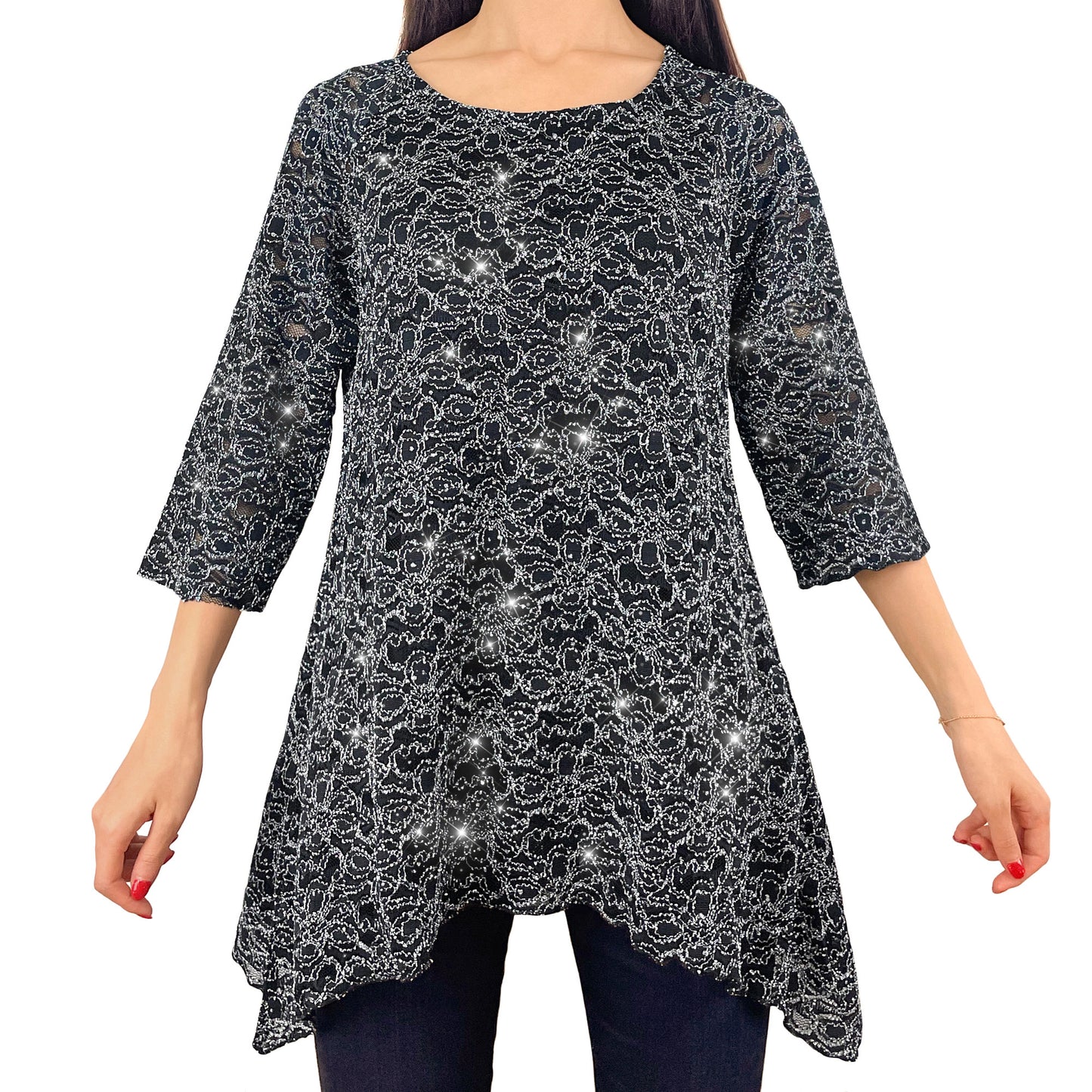 Sparkly Silver Glitter/Embroidery Black Floral Lace Top Tunic Knit Blouse