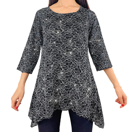 Sparkly Silver Glitter/Embroidery Black Floral Lace Top Tunic Knit Blouse