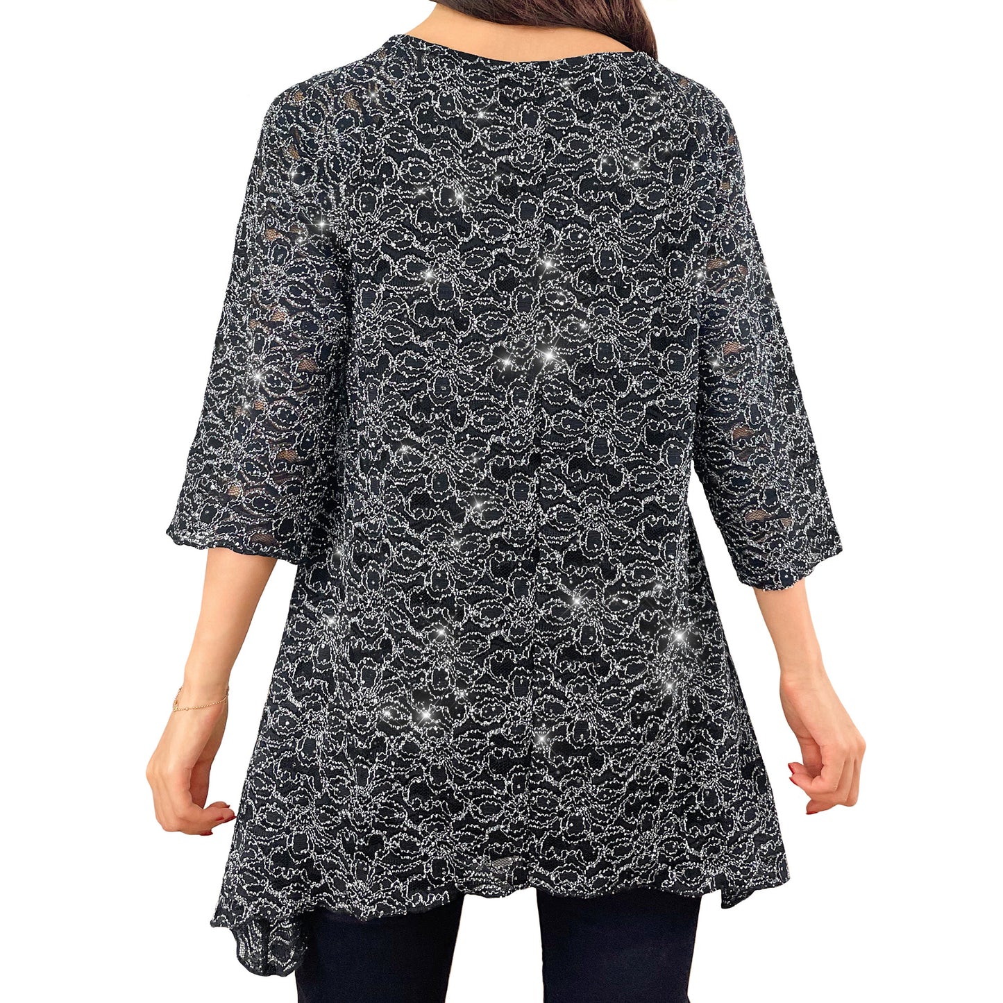 Sparkly Silver Glitter/Embroidery Black Floral Lace Top Tunic Knit Blouse