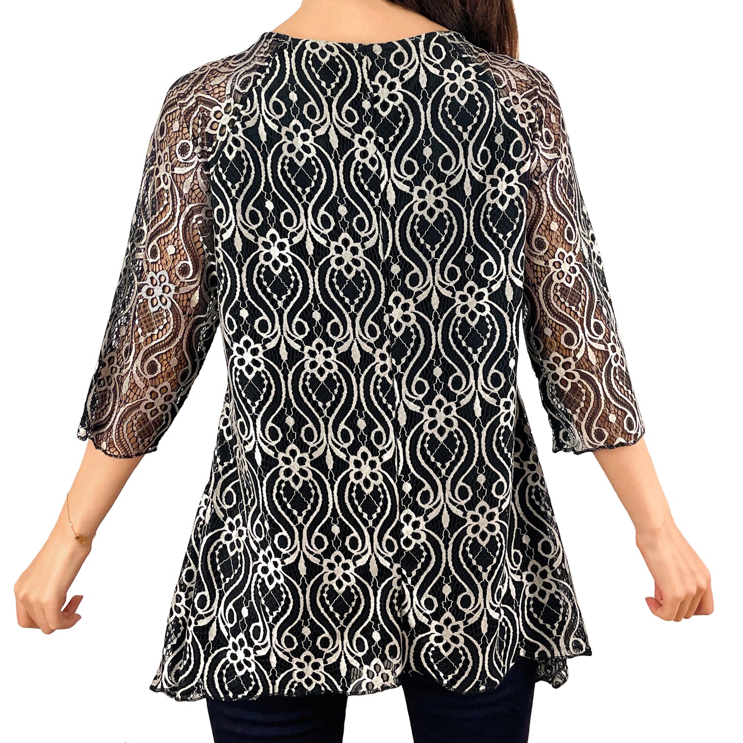 Two-Tone Black/Shiny Champagne Floral Lace Top Tunic Knit Blouse