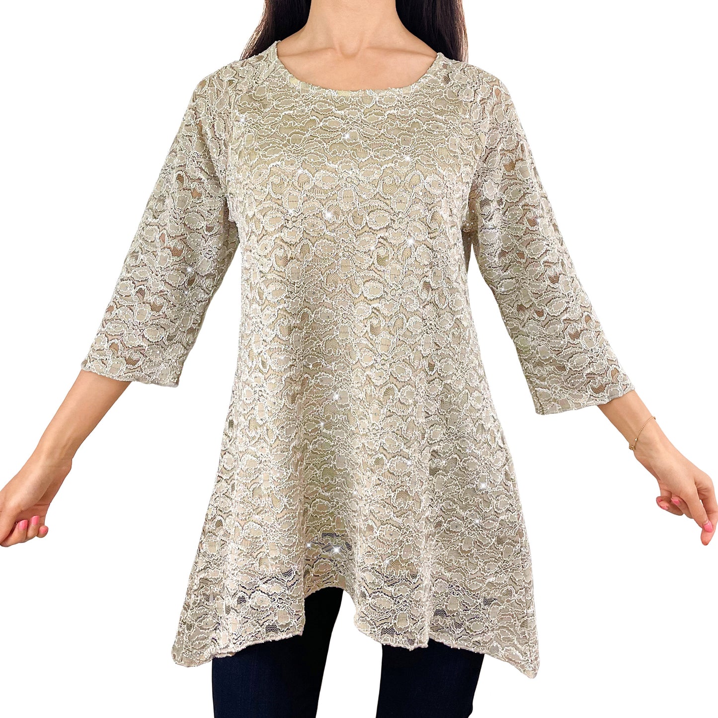 Sparkly Silver Glitter/Embroidery Champagne Floral Lace Top Tunic Knit Blouse