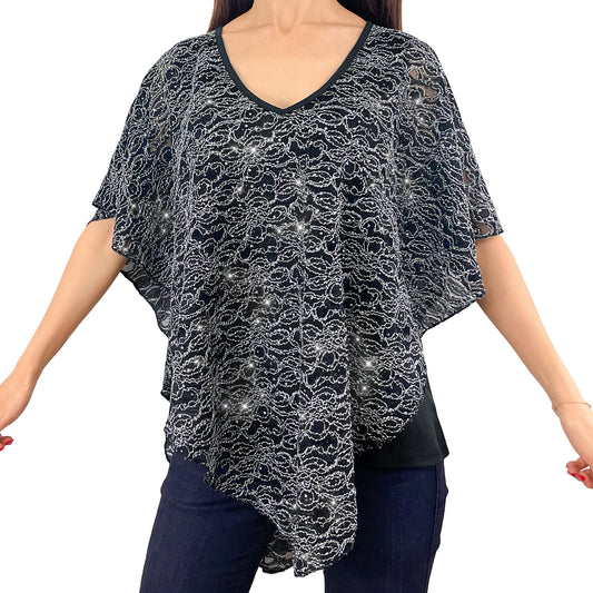 Sparkly Silver Glitter/Embroidery Black Floral Lace V-Neck 3/4 Sleeve Poncho