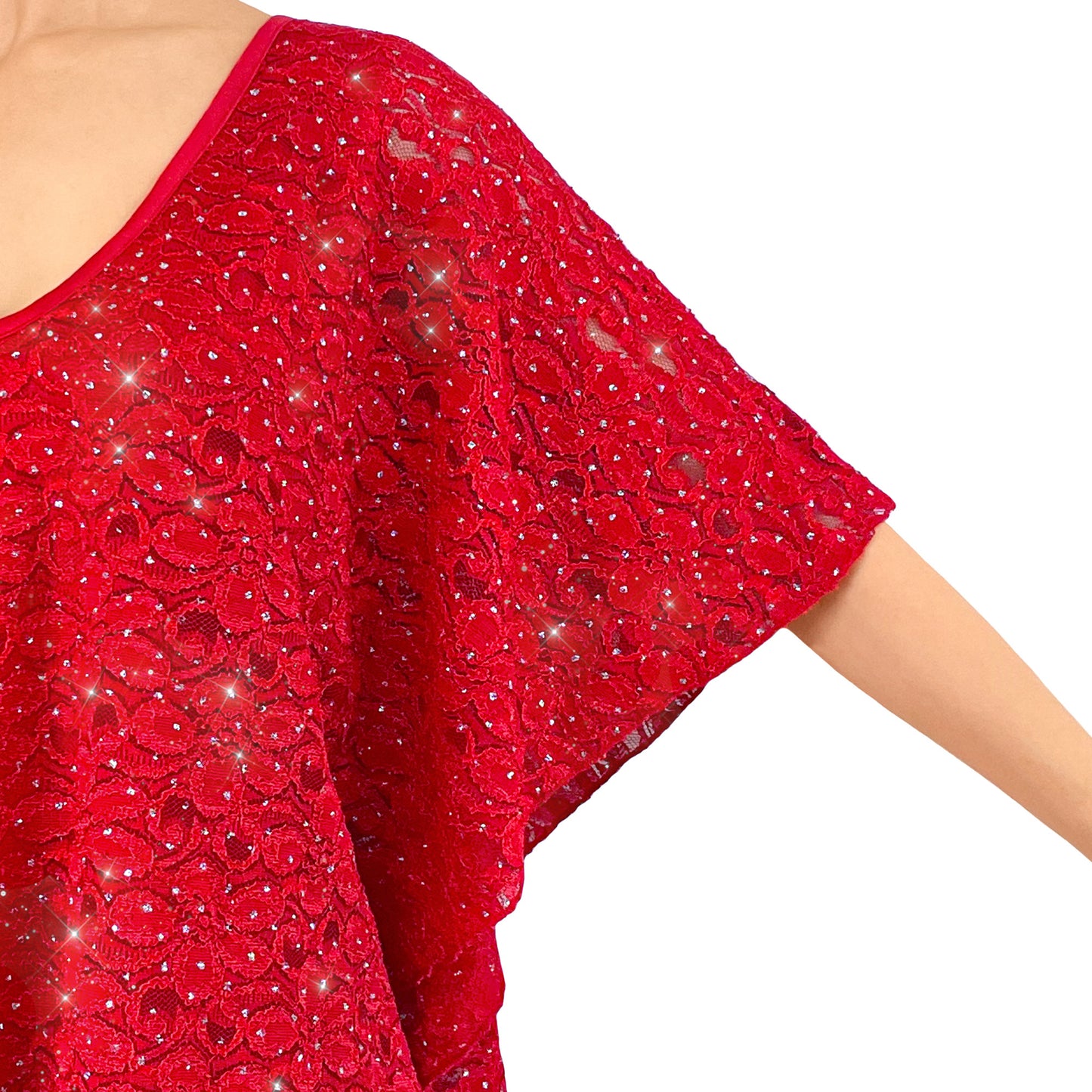 Sparkly Silver Glitter/Embroidery Red Floral Lace V-Neck 3/4 Sleeve Poncho