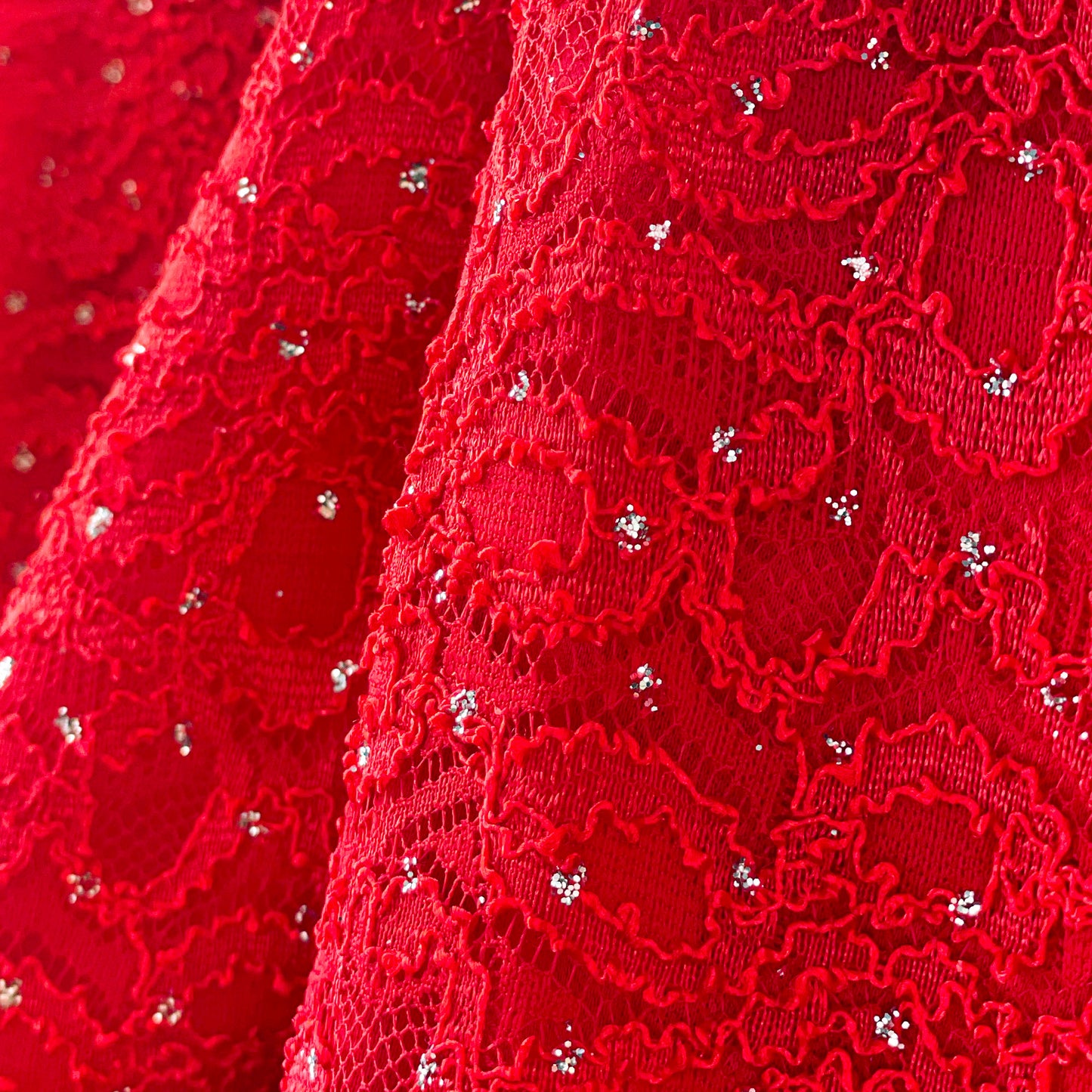 Sparkly Silver Glitter/Embroidery Red Floral Lace V-Neck 3/4 Sleeve Poncho