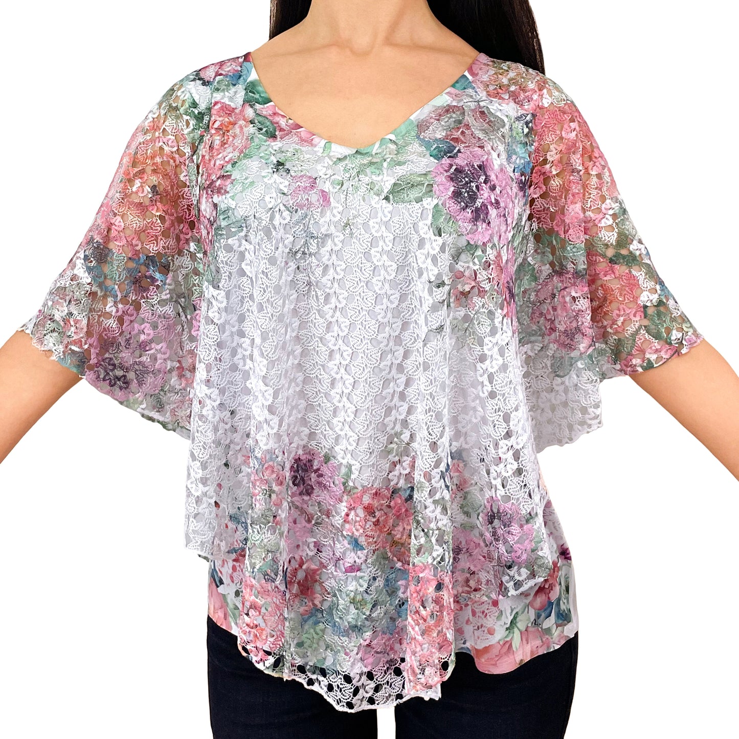 Pink Green Cherry Blossom/White Lace V-Neck 3/4 Sleeve Poncho