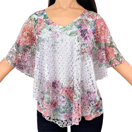 Pink Green Cherry Blossom/White Lace V-Neck 3/4 Sleeve Poncho