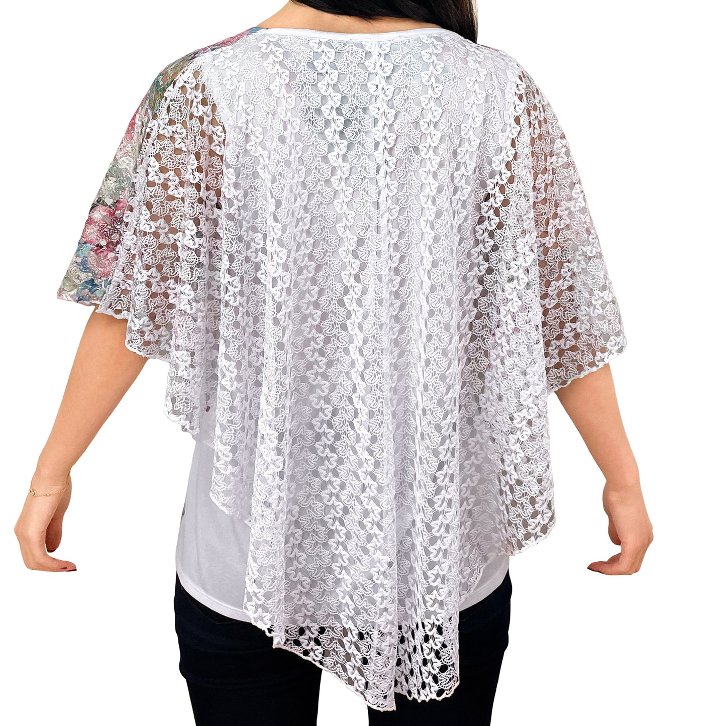 Pink Green Cherry Blossom/White Lace V-Neck 3/4 Sleeve Poncho