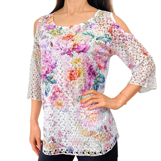 Lavender Yellow Colorful Floral Lace Cold Shoulder 3/4 Sleeve Knit Top