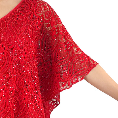 Classic Red Glitter Floral Lace V-Neck 3/4 Sleeve Poncho