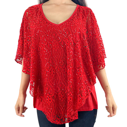 Classic Red Glitter Floral Lace V-Neck 3/4 Sleeve Poncho