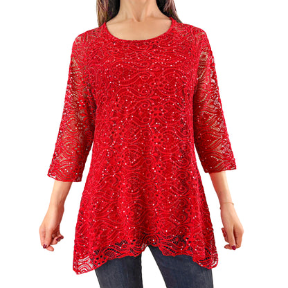 3/4 Sleeve Classic Red Floral Glitter Sequins Lace Top