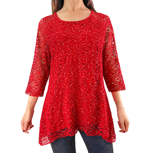 3/4 Sleeve Classic Red Floral Glitter Sequins Lace Top
