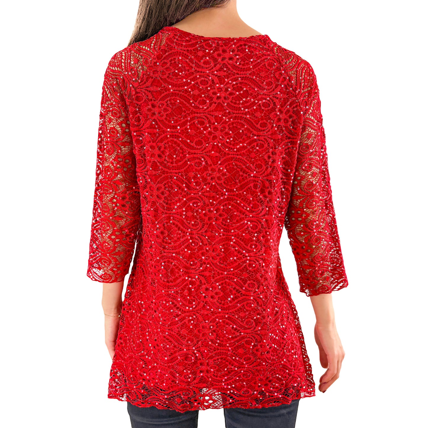 3/4 Sleeve Classic Red Floral Glitter Sequins Lace Top