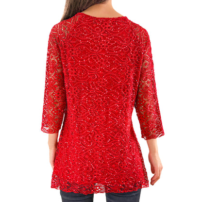 3/4 Sleeve Classic Red Floral Glitter Sequins Lace Top