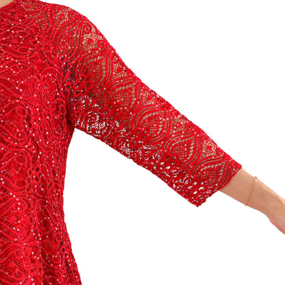 3/4 Sleeve Classic Red Floral Glitter Sequins Lace Top