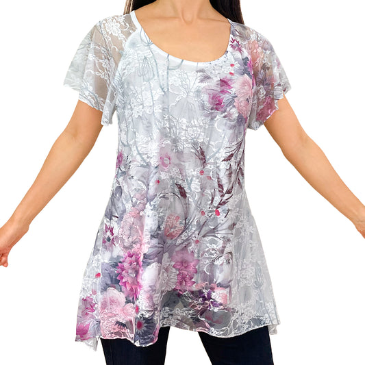 Mixed Pink Floral Print Lace Tunic Top