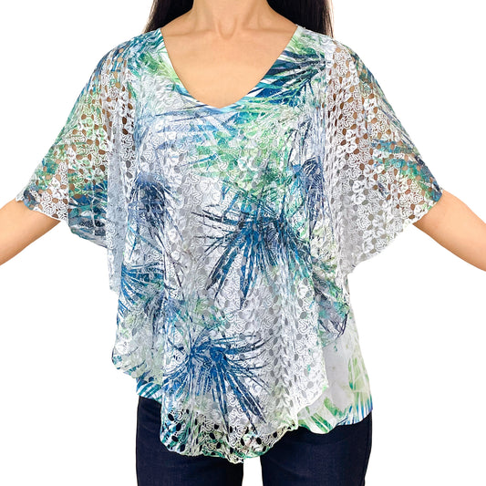 Green Blue Palm Tree Leaves/White Lace V-Neck 3/4 Sleeve Poncho