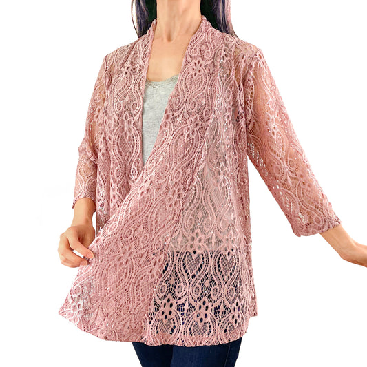 Dusty Rose Pink Sequin Glitter Floral Lace 3/4 Sleeve Cardigan