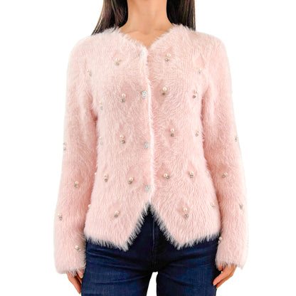 Soft Light Pink Embellishment Furry Knit Cozy Cardigan
