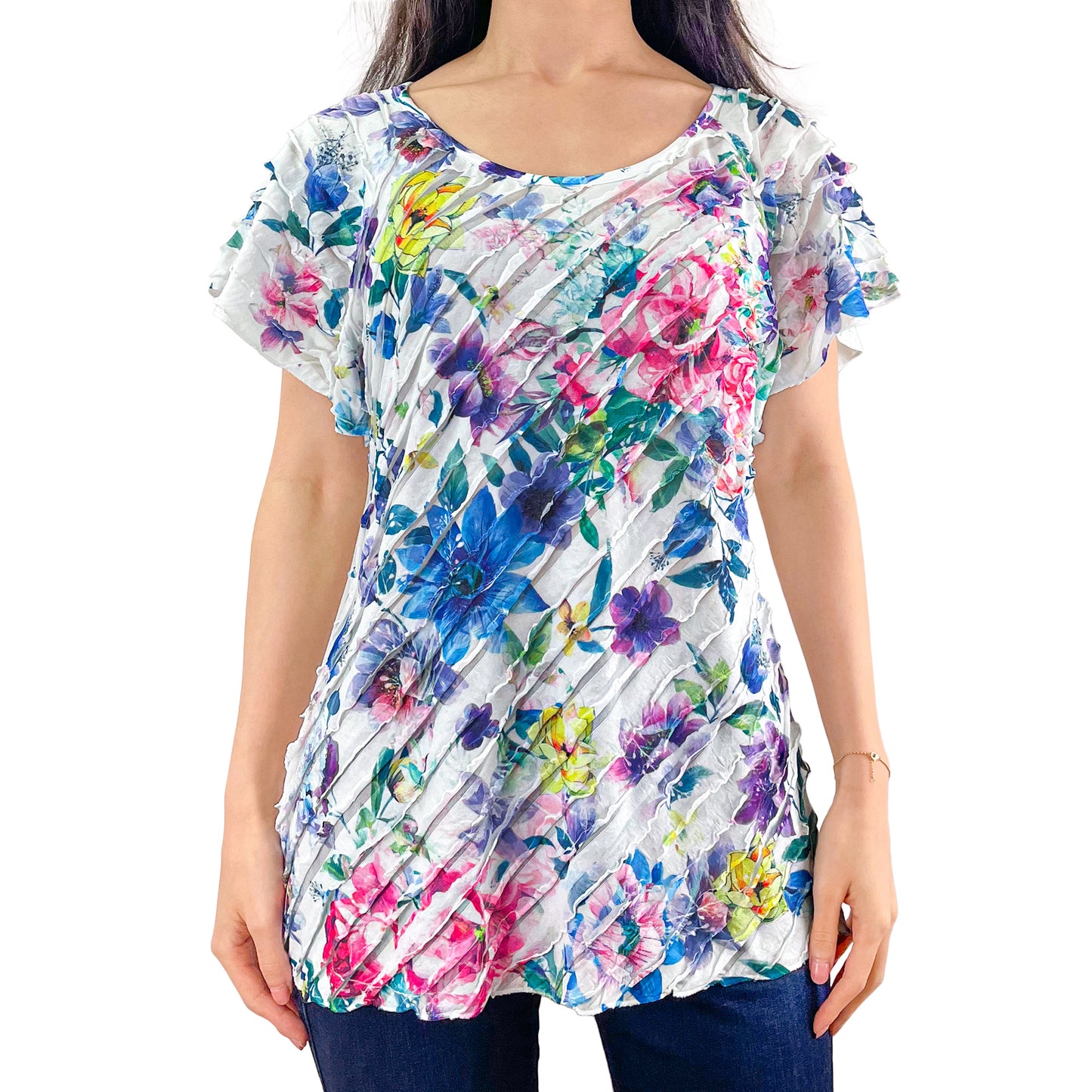 Bright Multi Color Floral Print White Layered Stretch Mesh Tunic Knit Blouse
