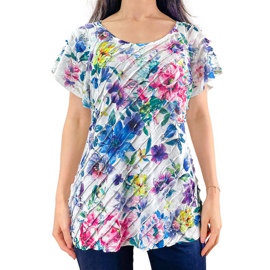 Bright Multi Color Floral Print White Layered Stretch Mesh Tunic Knit Blouse