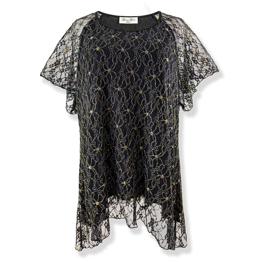 Flutter Short Sleeve Black/Gold Embroidery Floral Lace Top