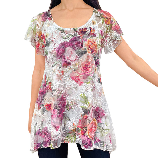 Mixed Pink Coral Floral Print Lace Tunic Top