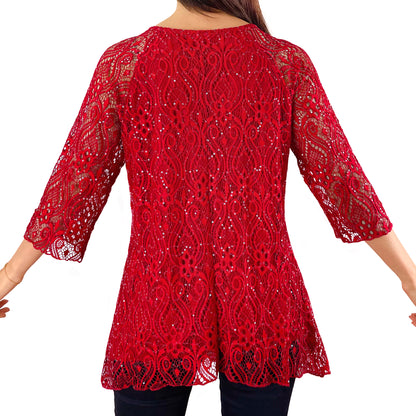 3/4 Sleeve Red Floral Glitter Sequins Lace Top