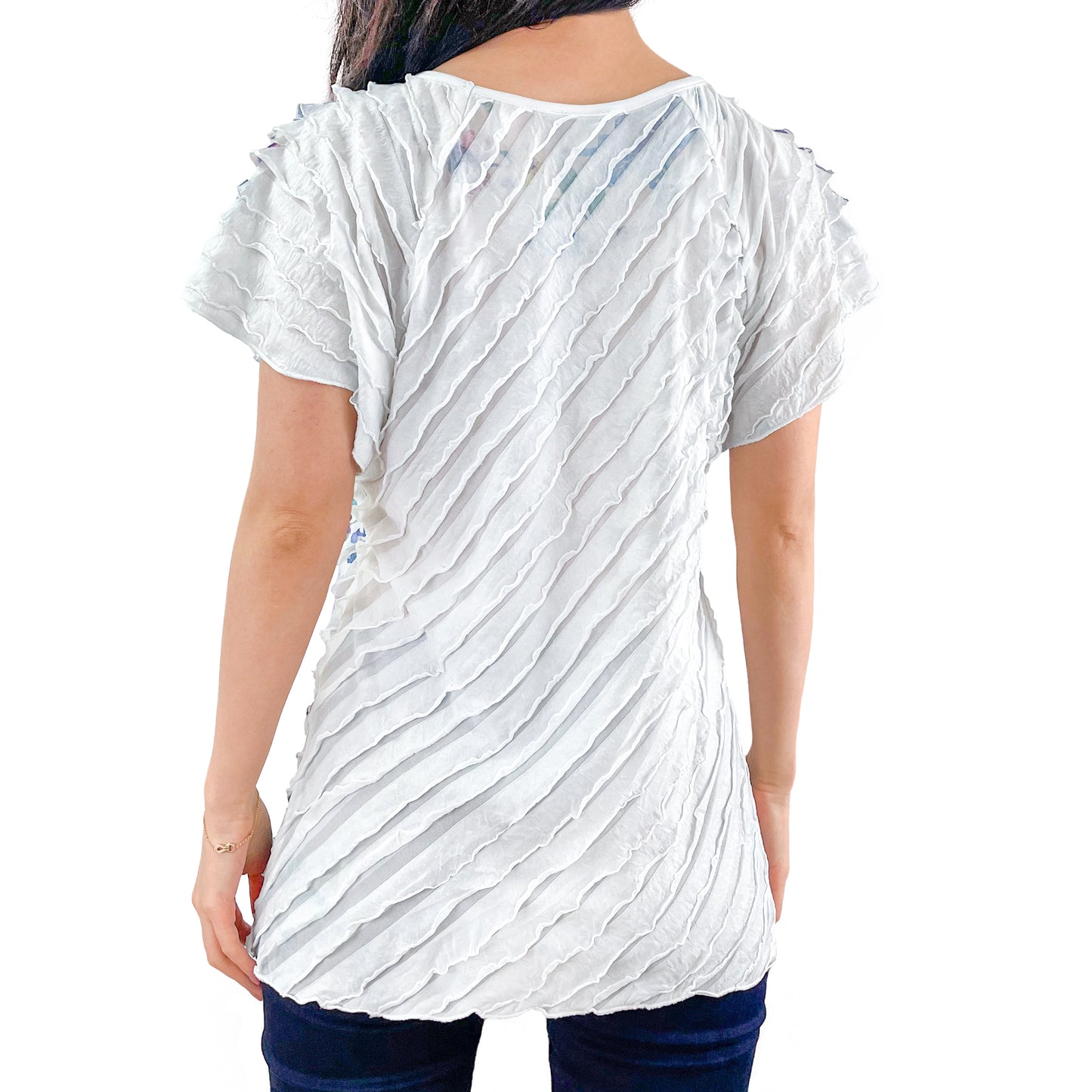 Bright Multi Color Floral Print White Layered Stretch Mesh Tunic Knit Blouse
