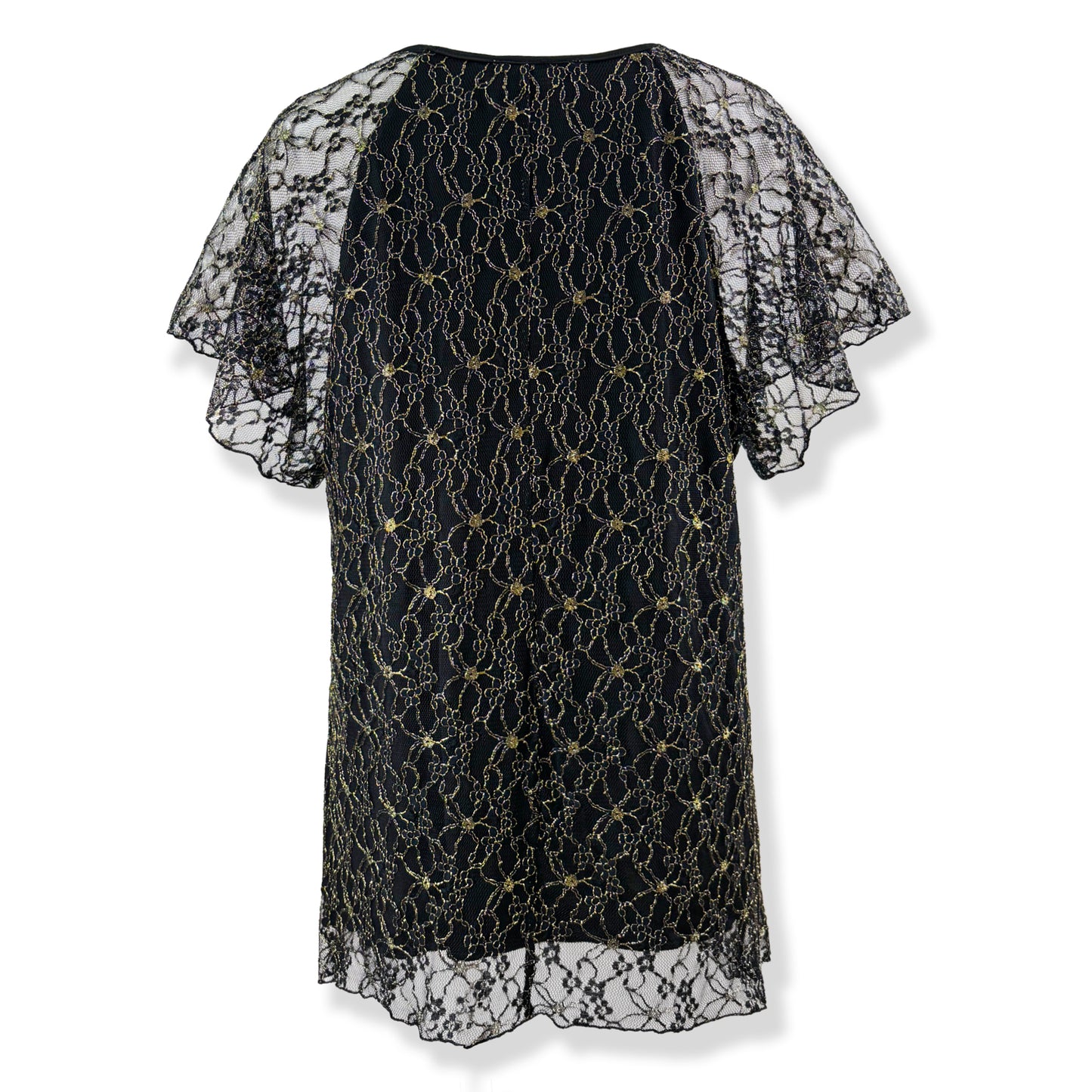 Flutter Short Sleeve Black/Gold Embroidery Floral Lace Top