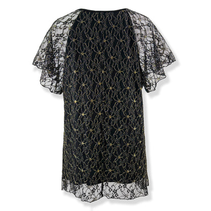Flutter Short Sleeve Black/Gold Embroidery Floral Lace Top