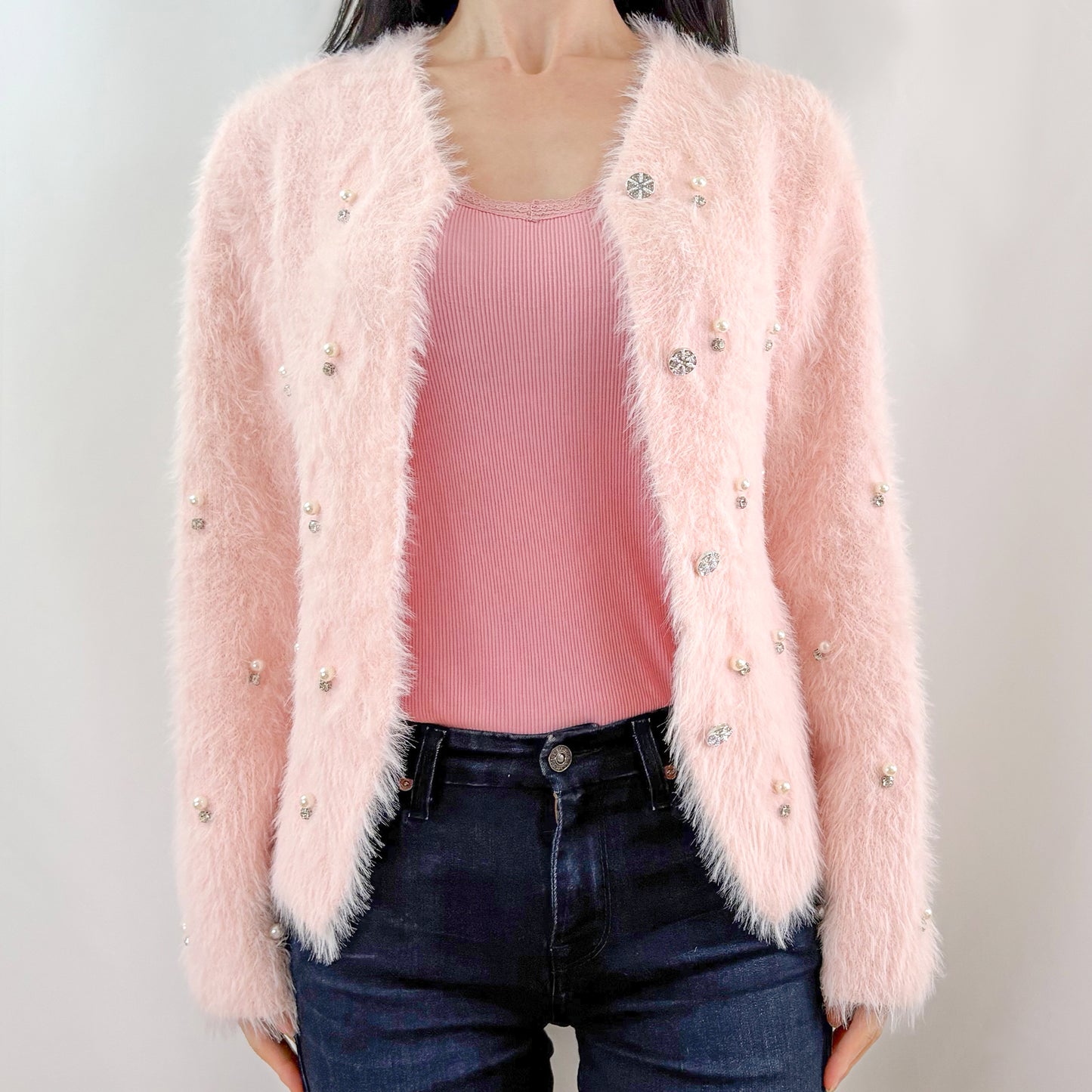 Soft Light Pink Embellishment Furry Knit Cozy Cardigan